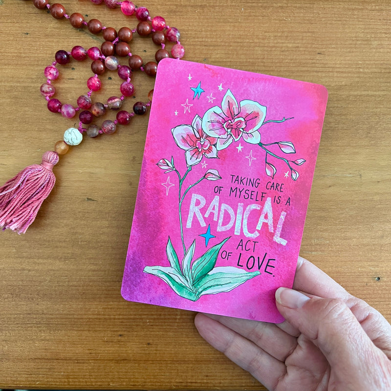 Spirit Junkie 52-card affirmation deck by best-selling author Gabrielle Bernstein with artwork by Micaela Ezra. "Taking care of myself is a radical act of love."