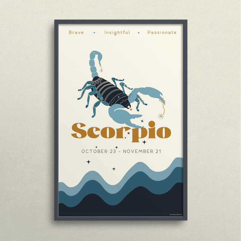 Celebrate all that sentimental Scorpio is: brave, insightful, and passionate.  Our high quality custom zodiac poster, created just for Confia Collective, makes a thoughtful gift. 