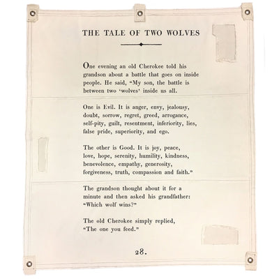 One of our favorite tales made into a simple yet impressive piece of wall art, The Tale of Two Wolves can now be proudly displayed in your home.