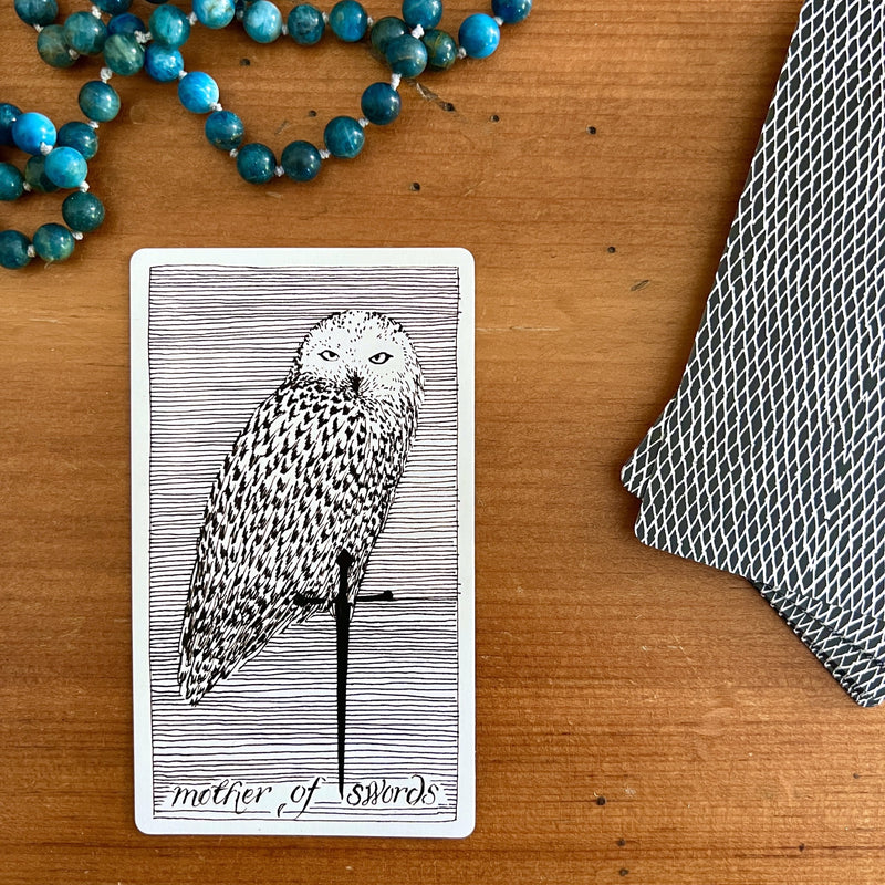 The Wild Unknown Tarot Deck & Guidebook by Kim Krans features 78 intricate cards filled with magic and mystery. The owl as The Mother of Swords card shown.
