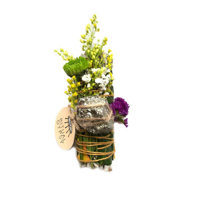 Hand-crafted Smudging Sage Wand with Pyrite "Stay Gold" and gorgeous wildflowers, rose petals and eucalyptus.